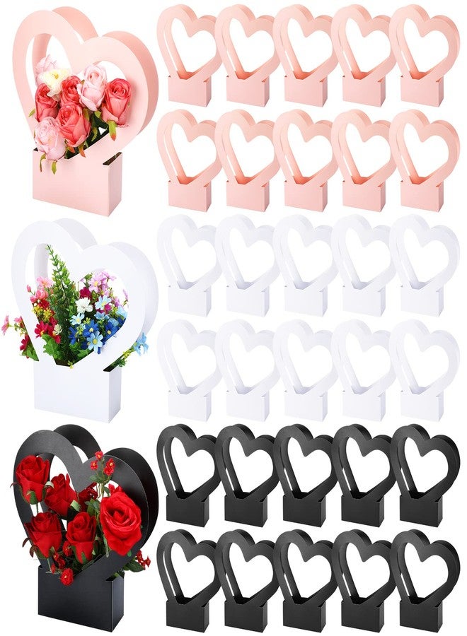 PerKoop 30 Pcs Kraft Paper Flower Box for Arrangement Bouquet Flower Gift Bags with Handle Waterproof Packaging Floral Wrap Wedding Mother's Day Birthday Party, Black, White, Pink(Heart) - Image 1